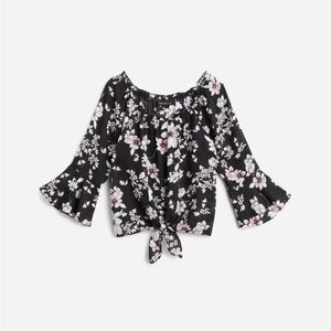 Fortune + Ivy Black Floral Blouse Front Tie